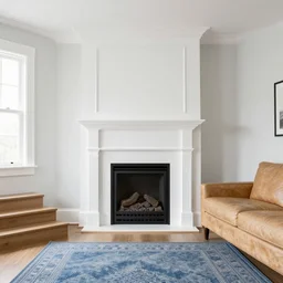 Modern cottage light white paint corner fireplace with light tan leather sofa and blue area rug three steps, photo