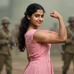 young indian woman ww 2 soldier, wearing a pink dress, strong, muscular, smiling, digital portrait by greg rutkowski, intricate, soft focus, highly detailed, cinematic, epic, artstation