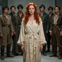 young lauren bacall as redhead mad mother in a ragged bathrobe : costume design concept for a scifi film. by greg rutkowski, john j. park, jason chan, noah bradley, feng zhu, gintas galvanauskas, gustave courbet, rosa bonheur, edward hopper. sharp focus, cinematic atmosphere, detailed and intricate, perfect anatomy