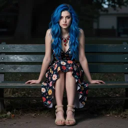 dslr photo of a pretty young woman, full bodied portrait, with blue hair, sitting on a bench wearing a flower skirt, and body and wearing hemp sandals and a very detailed ruby necklace around neck, artgerm, artstation, very high quality face, intricate details, extremely high quality, moody lighting, real camera, real photo, photography by deviantart, 8 k, full subject in shot