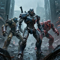 First Person Point view of Gipsy Danger robort fight with Scunner and Leatherback in the wreckage city in the rain,Pacific Rim,by Tim Hildebrandt ,James Paick,Ted Nasmith, peter gric,Hugh Ferriss,trending on artstation,8k,Blade Runner 2049,ultra realistic,high detail,golden ratio,cinematic lighting,maximalist