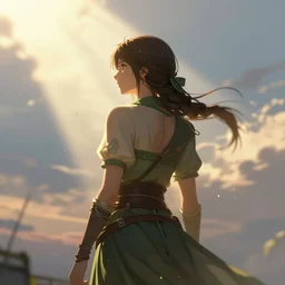 an herbalist girl, back view, fantasy, rpg, beautiful, atmosphere, vibe, sky, horizont, concept art illustration, color page, tone mapping, merilliza chan, marc simonetti, digital illustration, greg rutowski, volumetric lighting, sunbeams, particles