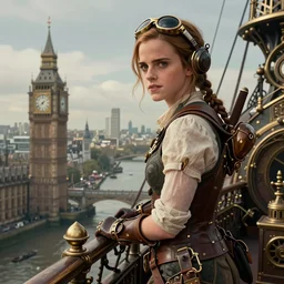 Emma Watson as a steampunk airship pilot, looking down at Victorian London, digital steampunk art, trending on ArtStation