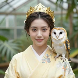 portrait photograph of an extremely beautiful!!!! young female , symmetric face!, symmetric round detailed eyes!!, slight smile, natural light, wearing a yellow kimono!! with a very detailed barn owl! on her shoulder in a tropical greenhouse. looking at the camera!!. golden crown. super resolution. Extremely detailed. Graflex camera!, bokeh!!!!!.