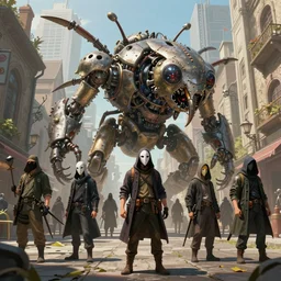 an intricate concept art, illustration, fantasy of a gang of thieves wearing mask in the street, mechanical large insect biomes, megafauna, ultra photorealistic, ultra sharp, artstation, cgsociety, masterpiece, digital art, anime colors, style by ivan talavera and wlop, hyperrealistic, octane render, 4 k