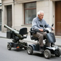 photograph of an eldery gentleman towing an artillery cannon with a mobility scooter on a street