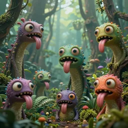 of an intricate hazy jungle with strange colorful cute funny creatures with huge eyes, long tongue, square teeth and funny face appearing from the bonzai trees, in the style of charles vess, macro lens, shallow depth of field, highly detailed, digital painting, trending artstation, concept art, illustration, cinematic lighting, vibrant colors, photorealism, epic, octane render