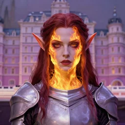 A professional digital portrait painting of a young adult female tiefling sorcerer with skin made of fire, dressed in light armor, 4k, digital art, trending on cgsociety, renaissance painting, highly detailed, head and shoulders shot, shallow depth of field, purple and yellow lighting, professional lighting, The Grand Budapest Hotel, airbrush, Hayao Miyazaki