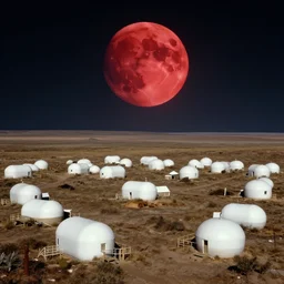 small settlement on an unknown planet, white capsule houses, big scarlet moon in the sky, hyperrealism, by norman rockwell, by syd mead