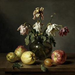 dutch golden age still life, fruits, walter white, withered flowers, otto marseus van schrieck still life, dutch golden age painting, dramatic lighting, cinematic lighting, willem van aelst still life, elias van den broeck painting still life, christiaen striep still life, rachel ruysch flowers, oil on canvas