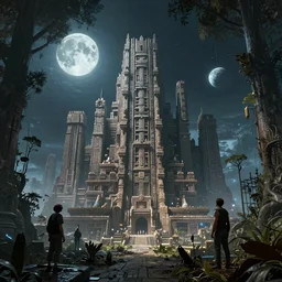 Cyber space forest scene, Giant Aztec space city, fantasy, two moons lighting, intricate details ,by denis villeneuve, Ridley Scott, Greg Rutkowski and Alphonse Mucha
