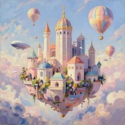 a beautiful oil painting of a flying city,ballons,airship, 4k unreal engine renders, ultra-wide angle, by victo ngai, Jen Yoon, Geof Darrow, Peter Mohrbacher, johfra bosschart,Thomas Kinkade,miho hirano , HD, pastel color scheme