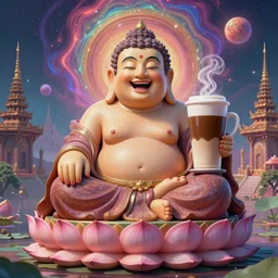 a hyperdetailed painting of a happy buddha sitting on a lotus, one hand on his knee and the other hand holding a giant cup of coffee, ambient occlusion, 3 d model, quantum fractals, magic realism inspired by psychadelia and ancient architecture of thailand, trending on artstation,