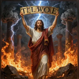 A painting of Moses holding up the ten commandments with lightning, fire and pillars of smoke