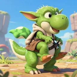 yoda riding on yoshi's back, yoshi from nintendo, yoda from star wars, yoshi with yoda on his back