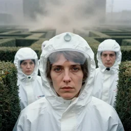 cinestill 5 0 d photographic portrait by helen levitt of hazmat scientists in a brutalist hedge maze, extreme closeup, modern cyberpunk, dust storm, 8 k, hd, high resolution, 3 5 mm, f / 3 2, ultra realistic faces, ex machina