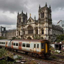 A post-apocalyptic overgrown abandoned ruined London, with a rusted train in the foreground, detailed, 4k, award winning photography