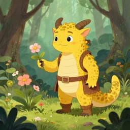 A cute yellow-scaled Kobold Herbalist collecting flowers in the forest. Absurdly-detailed fantasy character illustration by Rebecca Guay and Wayne Reynolds