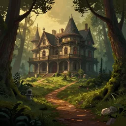 an ancient old gothic mansion hidden in the mossy forest, trails, spiderwick, dynamic angle, atmospheric golden light, cinematic landscape, uncharted game vibes, one pixel brush, art by eytan zana, greg rutkowski, 8 k render