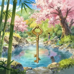 a natural mountain hotspring, colorful anime movie background, key visual, bamboo, cherry blossom tree, warm color scheme, a fantasy digital painting by makoto shinkai and james gurney, trending on artstation, highly detailed