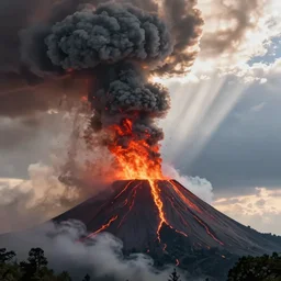 volcano eruption, plumes of smoke and ash, rays of sunlight, dramatic lighting, dynamic view, by greg rutkowski, chris tulloch mccabe, valentina remenar and asher duran, digital art, concept art, trending on artstation