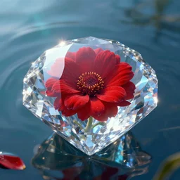 a red flower trapped in a diamond floating in crystal clear water, style artstation, style greg rutkowsk, octane render, unreal engine 6, epic game graphics, fantasy, ciberpunk, post - apocaliptic, ray tracing