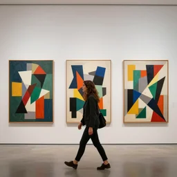 a woman walks into a gallery and is immediately horrified by the geometric abstract art on display. the shapes and colors are so chaotic and confusing that she feels like she's going crazy just looking at it. she desperately tries to make sense of it, but it's just too much for her brain to handle. eventually she has to leave, feeling incredibly shaken by the experience. highly detailed, 4 k
