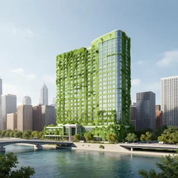 concept art of an ecological green hotel built near chicago with water and bridges around it, sunset light, hyperdetailed, artstation, cgsociety, 8 k
