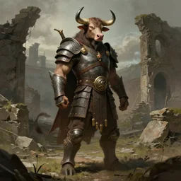bull warrior in ancient armor standing in abandoned ruins, full body concept, minotaur concept art, beksinski, ruan jia, the hobbit concept art