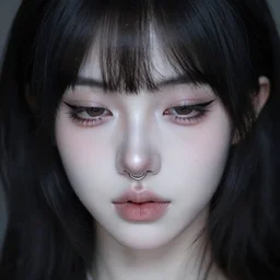 fantasy portrait of a beautiful pale - skinned girl with dark hair and short bangs. the corners of the eyes are turned down. there is a puncture in the nose and a ring is inserted. brown eyes, long eyelashes, plump lips