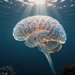 translucent brain 🧠, with many tentacles, floating in the deep ocean, ethereal lighting, crepuscular rays
