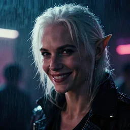 closeup headshot of a white haired elf smiling in the rain, bladerunner, backlit, night club, futurepunk, gta v, pinup, nagel, arney freytag, dark moody, cinematic, greg rutkowski, octane!