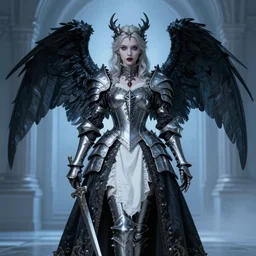angel knight gothic girl in dark and white dragon armor, rococo outfit. by gaston bussiere, by rembrandt, 1 6 6 7, artstation trending, blue light, by konstantin razumov *