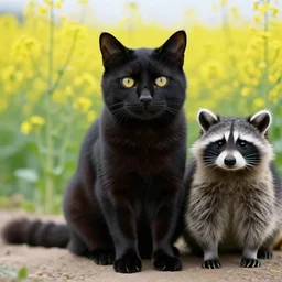 a closeup photorealistic photograph of a black cute adult cat sitting on 4 paws next to a black and white racoon in a field of colza with a red sunset in the background. This 4K HD image is Trending on Artstation, featured on Behance, well-rendered, extra crisp, features intricate detail and the style of Unreal Engine.