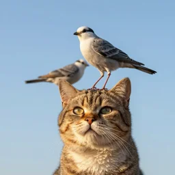 a cat is doing yoga with a bird on her head. close - up, beautiful sky, volumetric lighting, sharp focus, ultra detailed, cgsociety - w 1 0 2 4 - n 8 - i