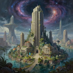 a beautiful photorealistic painting of architecture nature building pharmacy urbex abandoned city by denise scott brown, galactic apocalyptic atlantis futuristic tundra vice city sci - fi universe dieselpunk junglepunk crystal at summer cgsociety architecture island cosmic mercury scumm bar bioshock, archdaily, wallpaper, highly detailed, trending on artstation.