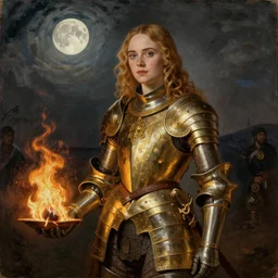 Elle Fanning as a knight in golden armor holding fire, oil on canvas, moon lighting, artstation, by J. C. Leyendecker and Peter Paul Rubens,