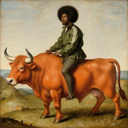 photograph of a black man with afro hair wearing an army green adidas jacket, riding!! an orange colored detailed anatomically correct bull!!, renaissance style painting