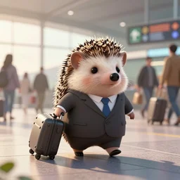 a cute hedgehog wearing a business suit dragging a trolley suitcase in a busy airport, early morning hours, long shadows, extremely detailed, fantasy art, octane render, 8 k, artstation, centered