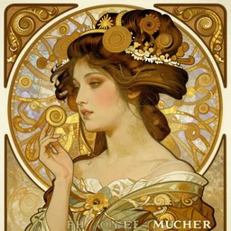 realistic detailed profile portrait of a beautiful young geisha by Alphonse Mucha, Greg Hildebrandt, and Mark Brooks, gilded details, spirals, Neo-Gothic, gothic, Art Nouveau, ornate medieval religious icon