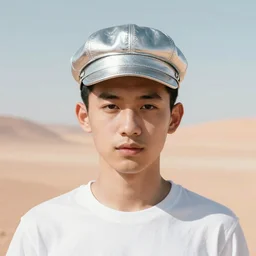 Portrait of an editorial model with a chrome hat on top of his head. Standing on pastel Mars. Ultra close up photo 105mm f2.8