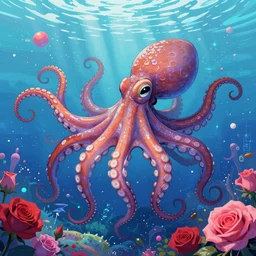 a digital painting of an octopus!!!!!! floating in a bright colorful space ocean surrounded by roses!!!!!!, cel shaded, visual novel, sharp focus, retro futuristic, 8 k, highly detailed, lovecraftian by skottie young