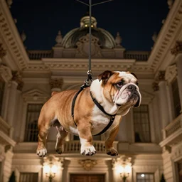 an english bulldog in a harness suspended from the ceiling in a fancy museum, night scene, heist movie