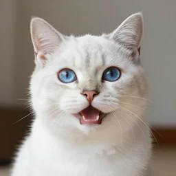 hyper - realistic photo portrait of a happy white cat with blue eyes, photorealism, portrait photography, volumetric lighting, insanely detailed, artstation, 4 k, 8 k