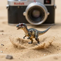 kodak portra 4 0 0, 5 0 mm leica summicron f 1. 2, action photography, long shot, dirty lenses, award winning macro photo of a tiny dinosaur in the middle of a emerging from below sand, sand splash, fast shutter speed, motion blur, tiny gaussian blur, highly detailed, highly intricate, depth of field, national geographic, 4 k
