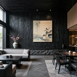 lounge and dining room, stone, interior design, stylish luxury hotel living room design, yakisugi, black vertical slatted timber, textures, feminine, black walls, art, japanese pottery vase with flowers, kakejiku, seasonal, japanese influences