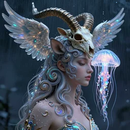 surrealism, night background rain, iridescent details, swirly 3 / 4 profile beautiful face russian princess deer portrait with crow wings goddess jellyfish nautilus translucent bioluminescence intricate phoenix ram skull mask, artwork by tooth wu and wlop. octane render, trending on artstation, greg rutkowski cinematic, hyper realism, high detail, octane render, 8 k,