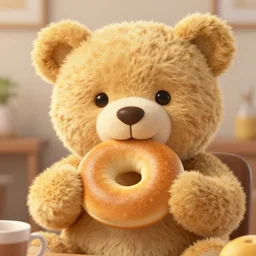 portrait of happy fluffy golden teddy bear eating large bagel for breakfast, detailed illustration 4 k