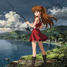 asuka langley fishing, anime style