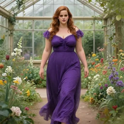 a stunning matte portrait of a thicc and voluptuous emma watson dressed as a beautiful poison ivy wearing a floor length purple dress walking through a flowering garden, greenhouse in the background, intricate, elegant, highly detailed, digital painting, artstation, sharp focus, illustration, art by rebecca guay and arthur rackham and alphonse mucha and john william waterhouse, pixv